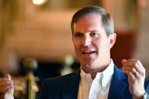 Kentucky Governor Andy Beshear speaks about the status of the construction of the Blue Oval SV Battery Plant during an interview at the Kentucky State Capitol in Frankfort, Ky., Thursday, June 6, 2024.