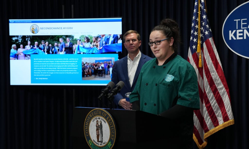 Sarah Young, a second chance employee at Kentucky Dam Village Park, speaks at a Team Kentucky presser in Frankfort.