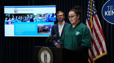Sarah Young, a Second Chance employee at Kentucky Dam Village Park, speaks at a Team Kentucky press conference in Frankfort earlier this year. (Anita Hatchett)